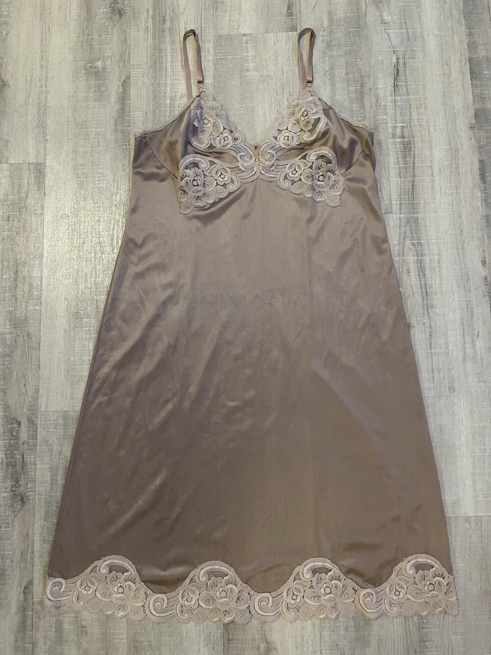 VTG Lace Trim Satin Midi Slip Dress Women Beige Fairy Y2K Whimsigoth Cottage S M